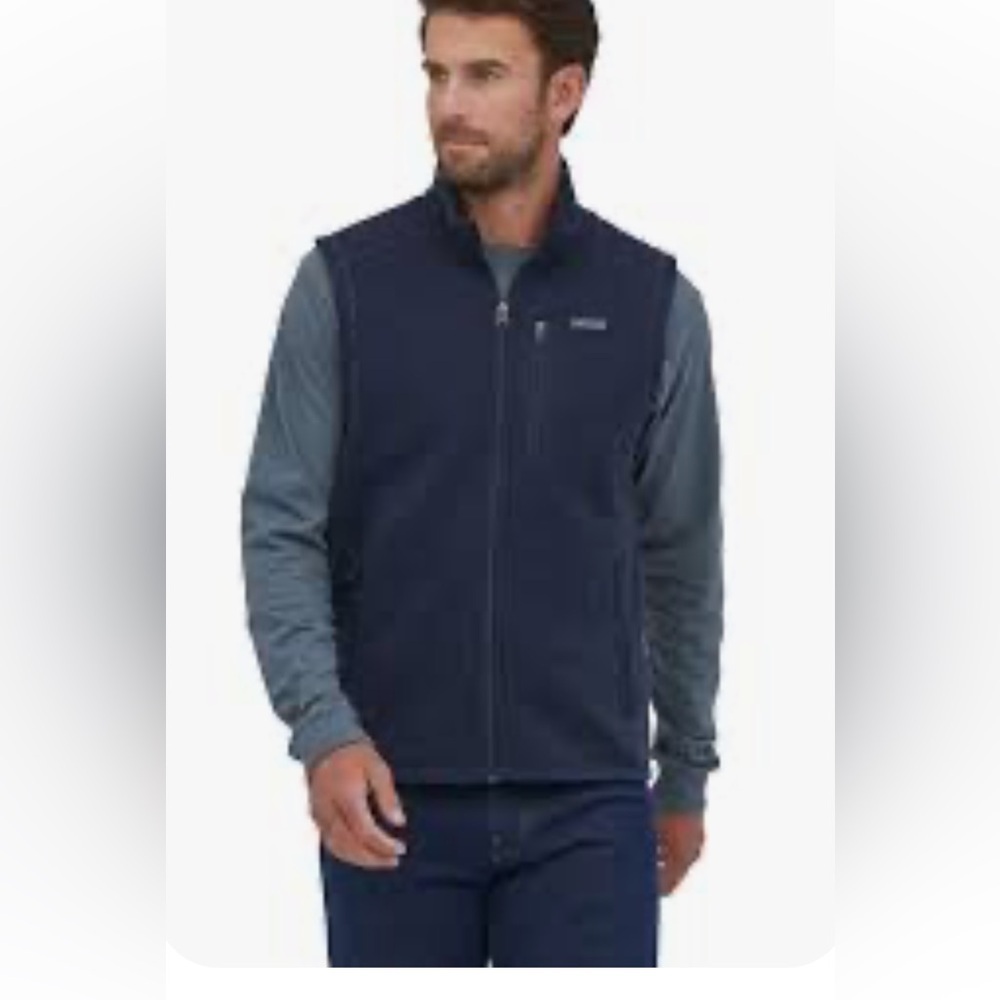 Patagonia man’s blue-gray Vest with fleece lining and pockets. Full zip. L